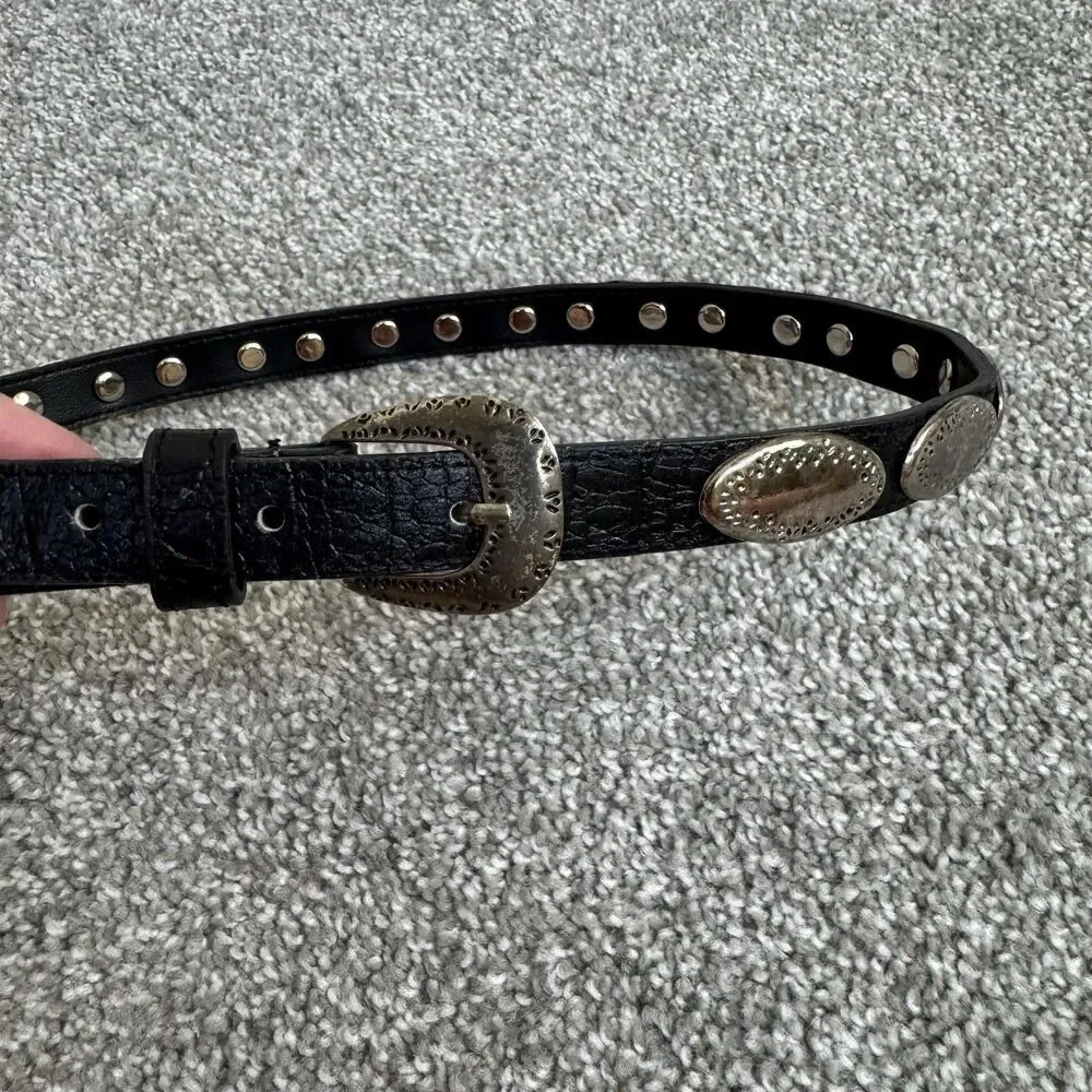 Express Concho Belt Womens S Black Genuine Leather Western Skinny Cowgirl Boho